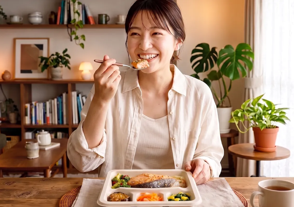冷凍弁当ナッシュを食べる女性