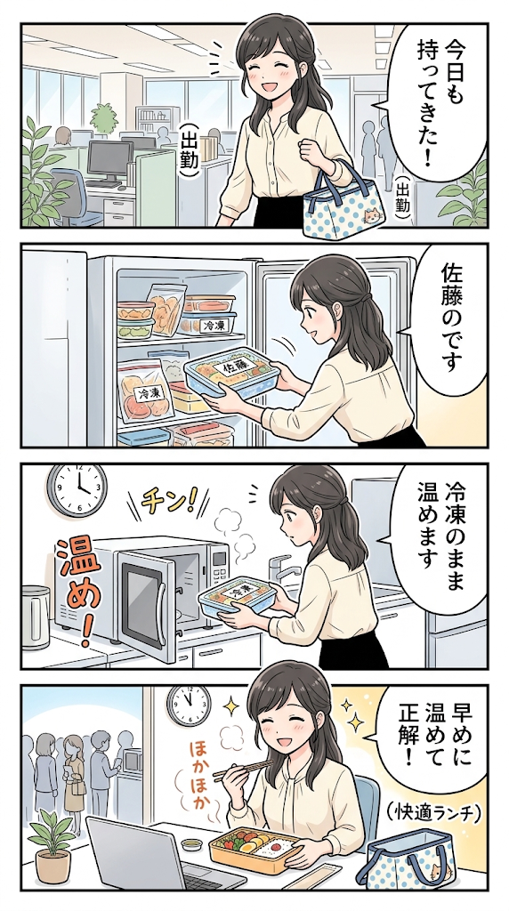ナッシュを会社へ持ち運ぶ際の3つの注意点を4コマ漫画で