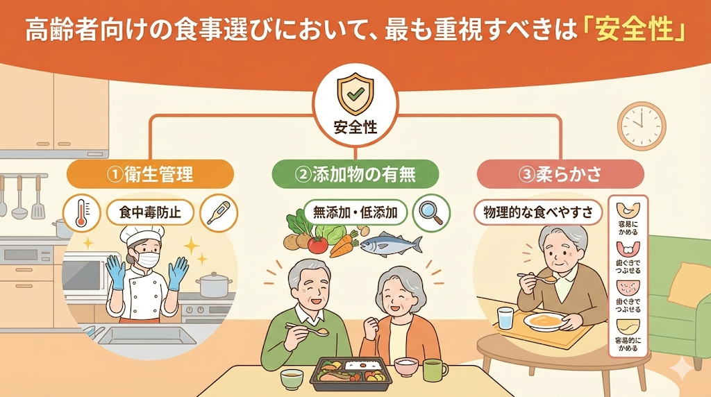 高齢者向けの食事選びにおいて、最も重視すべきは「安全性」