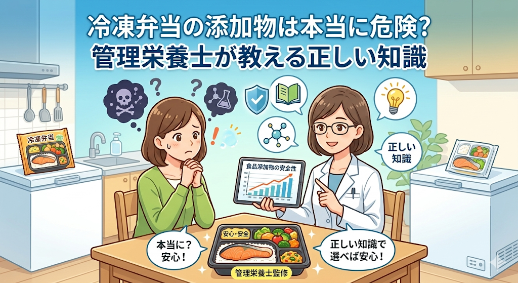 冷凍弁当の添加物は本当に危険かどうかについて、主婦が管理栄養士から説明を受けている