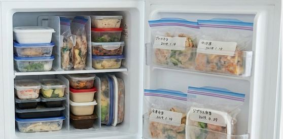 ナッシュの冷凍弁当を冷凍庫の中に縦置きしている状況