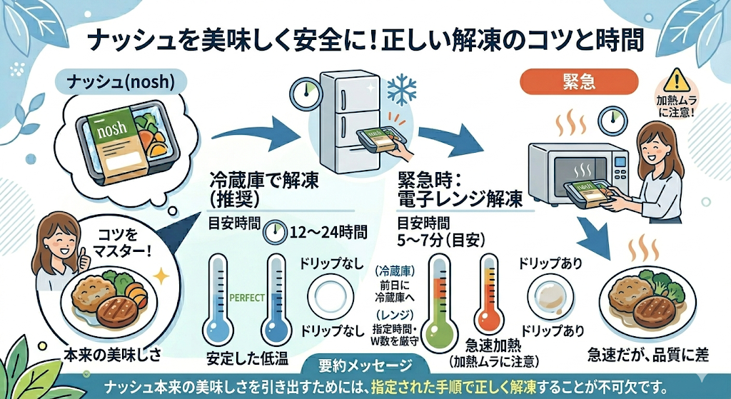 「ナッシュを美味しく安全に！正しい解凍のコツと時間」というタイトルと、その解説を表したイラスト