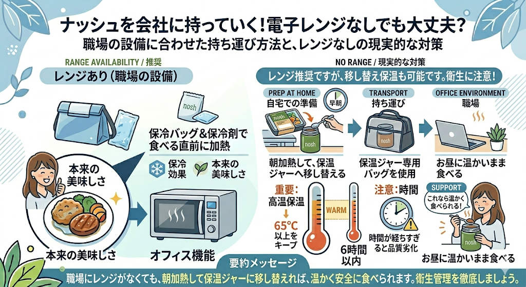 タイトル「ナッシュを会社に持っていく！電子レンジなしでも大丈夫？」を説明するイラスト
