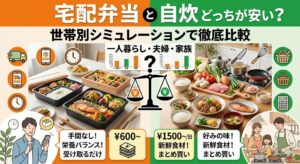 宅配弁当と自炊 どっちが安いに関して、世帯別シミュレーションで徹底比較するイラスト