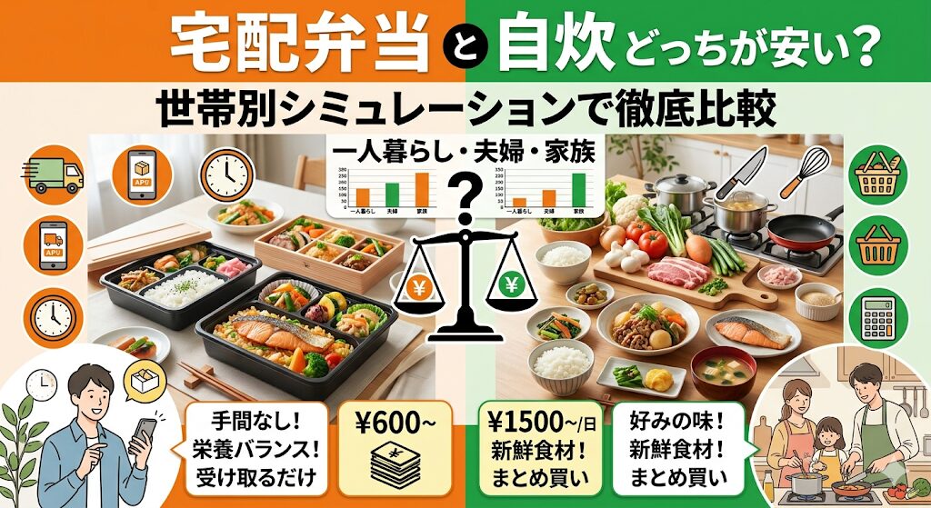 宅配弁当と自炊 どっちが安いに関して、世帯別シミュレーションで徹底比較するイラスト