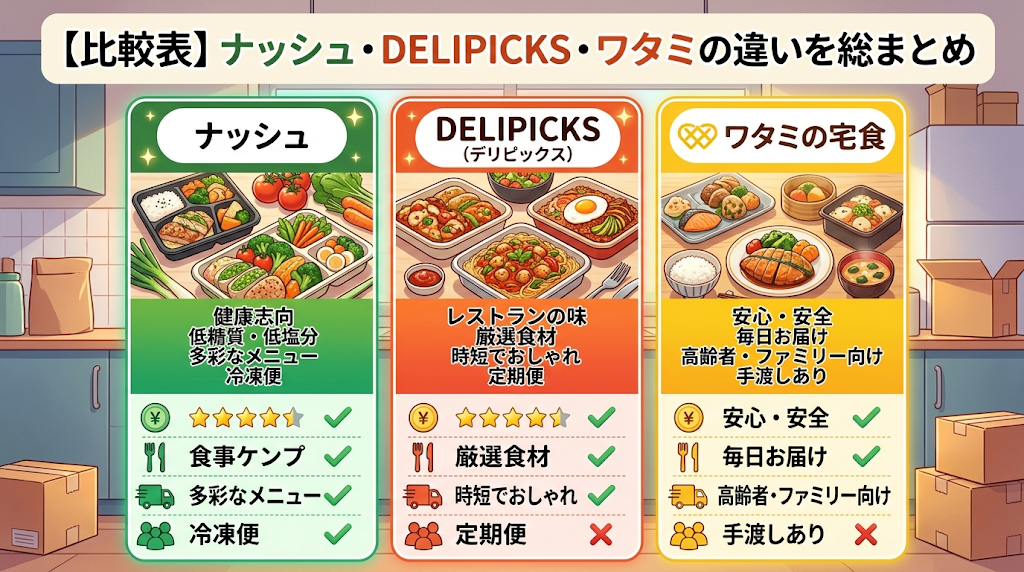 【比較表】ナッシュ・DELIPICKS・ワタミの違いを総まとめ