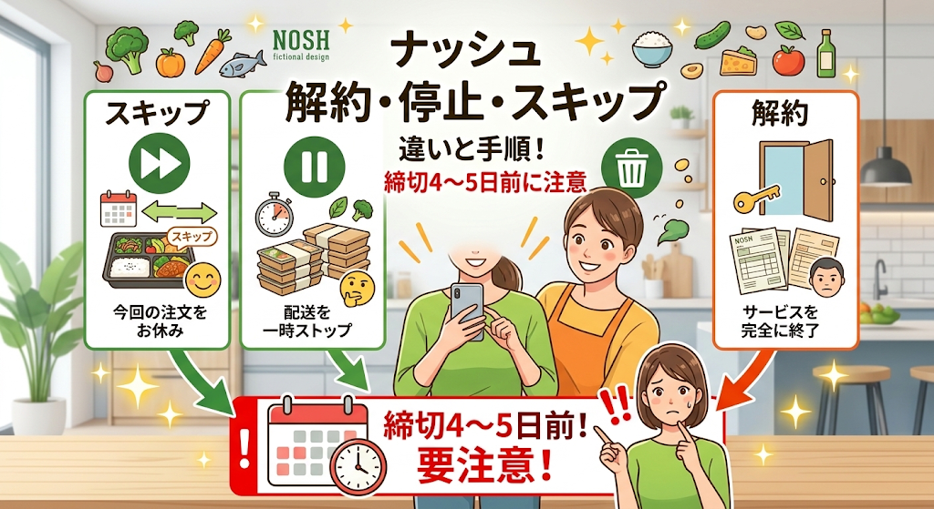 ナッシュ解約・停止・スキップの違いと手順！締切4〜5日前に注意