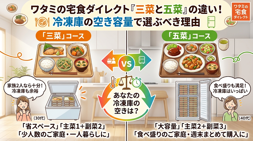 ワタミの宅食ダイレクト「三菜と五菜」の違い！冷凍庫の空き容量で選ぶべき理由