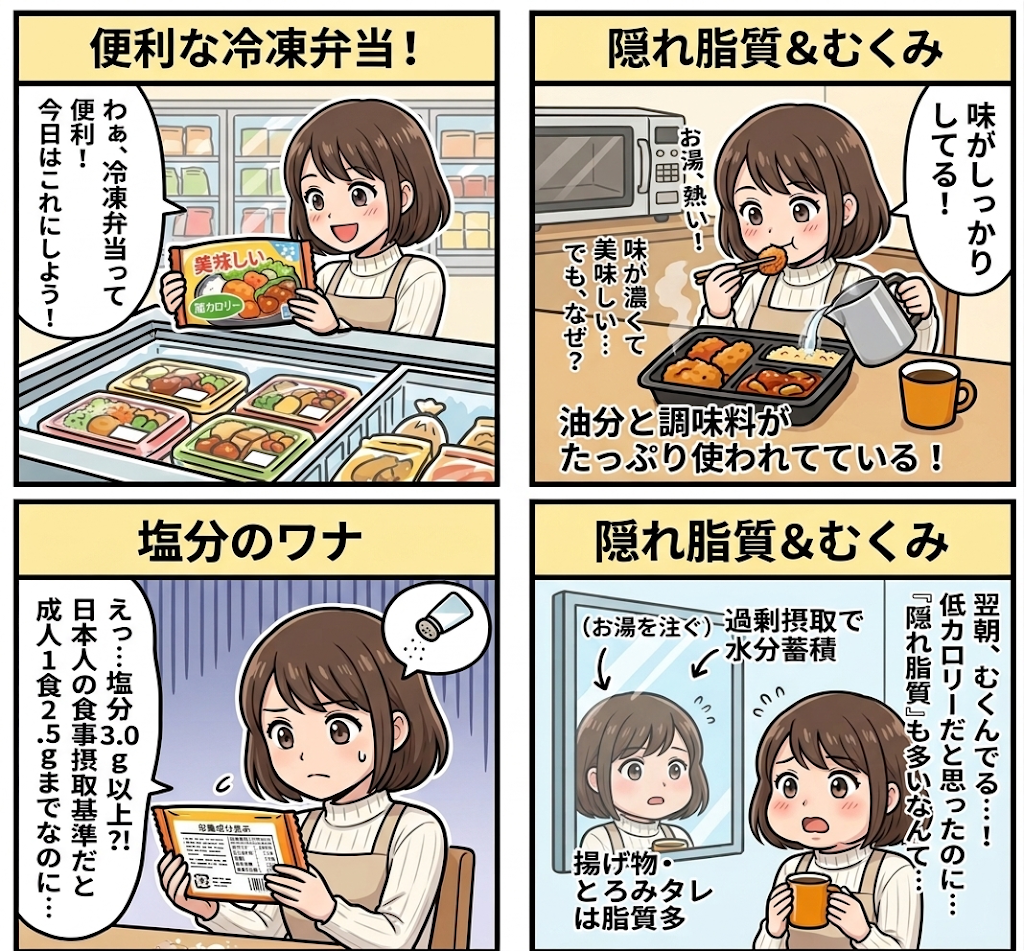4コマ漫画:油分と塩分が多く「隠れ脂質&むくみ」を招きやすい