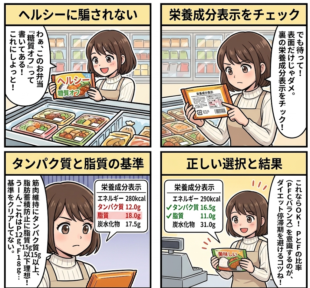 漫画:栄養成分表で「タンパク質15g以上・脂質15g以下」を死守する